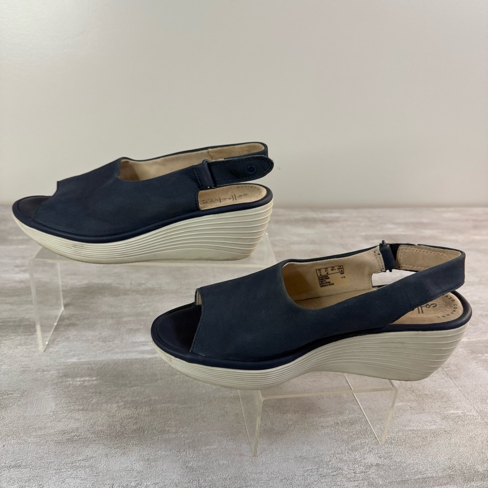 Clarks Reedly Shania Blue Leather Wedge Sandals 5.5 Open Toe Comfort Shoes
